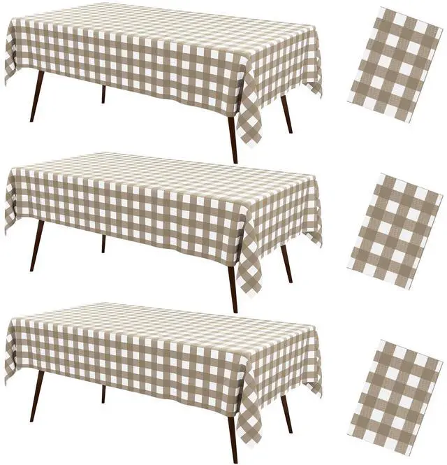 Main image of 3 Packs Buffalo Disposable Table Cloth, 54 x 108 Inch Waterproof Plastic Tablecloth, Rectangle Khaki and White Checkered Table Covers for Picnic, Birthday, Party