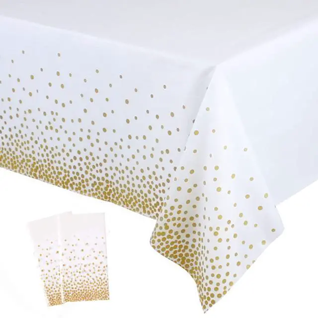 Main image of 2 Pack White and Gold Tablecloth Disposable Gold Tables Tablecloths for Rectangle 54" x 108" Plastic Tablecloth Party Table Covers for Birthday Thanksgiving Christmas Wedding Outdoor BBQ (White)