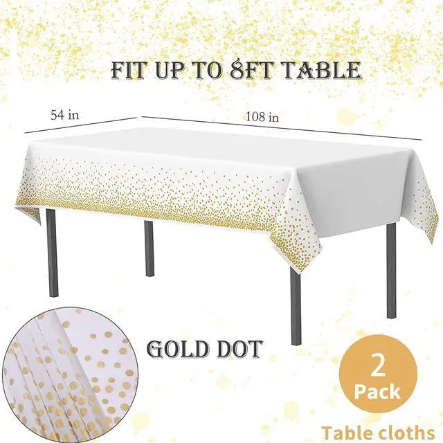 Alt view image 2 of 7 - 2 Pack White and Gold Tablecloth Disposable Gold Tables Tablecloths for Rectangle 54" x 108" Plastic Tablecloth Party Table Covers for Birthday Thanksgiving Christmas Wedding Outdoor BBQ (White)