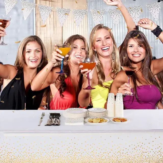Alt view image 3 of 7 - 2 Pack White and Gold Tablecloth Disposable Gold Tables Tablecloths for Rectangle 54" x 108" Plastic Tablecloth Party Table Covers for Birthday Thanksgiving Christmas Wedding Outdoor BBQ (White)