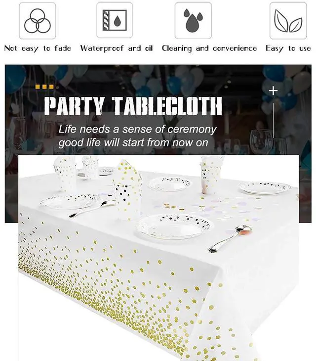 Alt view image 5 of 7 - 2 Pack White and Gold Tablecloth Disposable Gold Tables Tablecloths for Rectangle 54" x 108" Plastic Tablecloth Party Table Covers for Birthday Thanksgiving Christmas Wedding Outdoor BBQ (White)