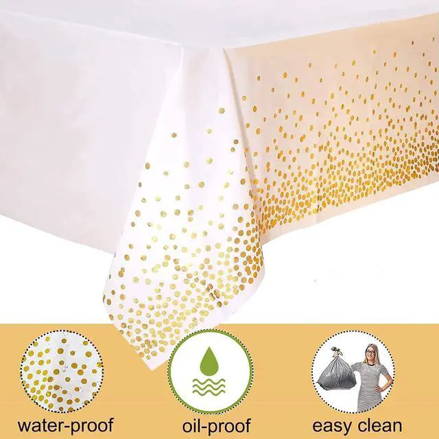Alt view image 4 of 7 - 2 Pack White and Gold Tablecloth Disposable Gold Tables Tablecloths for Rectangle 54" x 108" Plastic Tablecloth Party Table Covers for Birthday Thanksgiving Christmas Wedding Outdoor BBQ (White)