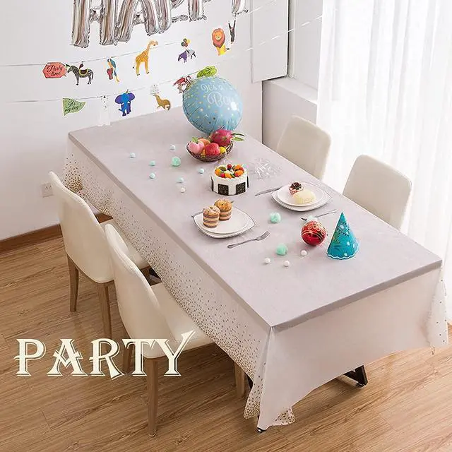 Alt view image 6 of 7 - 2 Pack White and Gold Tablecloth Disposable Gold Tables Tablecloths for Rectangle 54" x 108" Plastic Tablecloth Party Table Covers for Birthday Thanksgiving Christmas Wedding Outdoor BBQ (White)