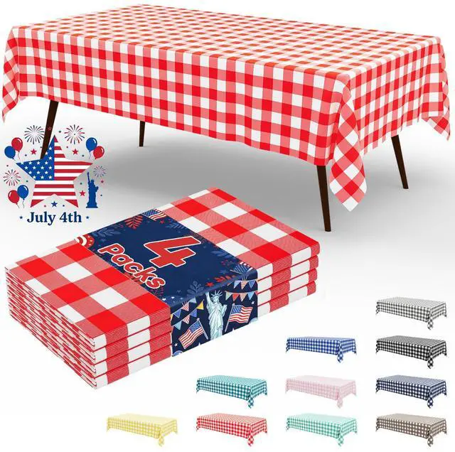 Main image of 4 Packs Buffalo Disposable Table Cloth, 54 x 108 Inch Waterproof Plastic Tablecloth, Rectangle Red and White Checkered Table Covers for Picnic, Birthday, 4th of July Party