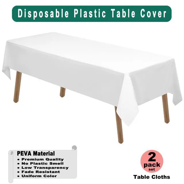 Alt view image 2 of 7 - White Plastic Tablecloths 2 Pack Disposable Table Covers 54 x 108 Inch Bridal Shower PEVA Vinyl Table Cloths for Picnic Birthday Wedding Banquet Parties 8 ft Rectangle Table Use