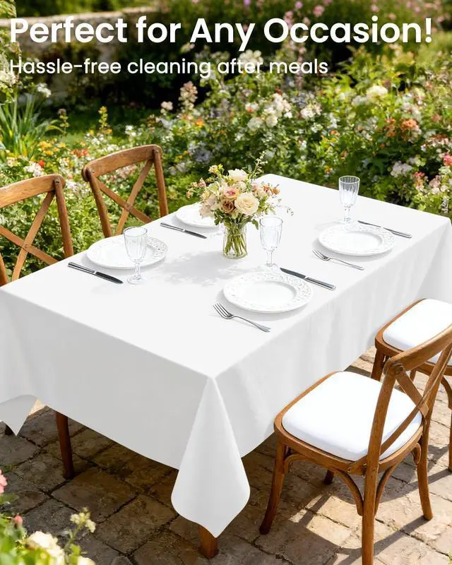 Alt view image 2 of 7 - 4 Pack White Plastic Table Cloth Disposable, 54 x 108 Inch Rectangle Tablecloth for Party, Picnic, Birthday, Wedding