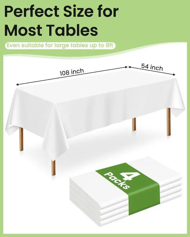 Alt view image 3 of 7 - 4 Pack White Plastic Table Cloth Disposable, 54 x 108 Inch Rectangle Tablecloth for Party, Picnic, Birthday, Wedding