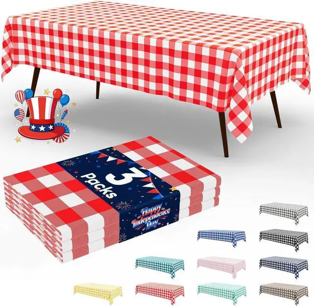 Main image of 3 Pack Red Gingham Disposable Tablecloths, 54" x 108" Rectangle Plastic Checkered Table Cloth, Waterproof Buffalo Plaid Table Covers for Picnic, Outdoor, Birthday, Party