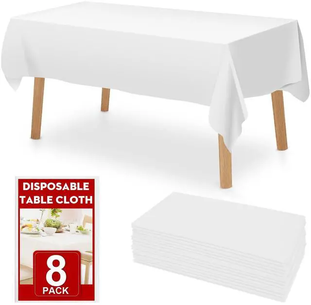 Main image of 8 Pack White Plastic Table Cloths Disposable, 54 x 108 Inches Plastic Table Cover for Rectangle Tables, Disposable Tablecloth for Dinning, Parties, BBQ, Wedding, Outdoor