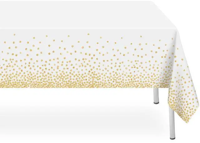 Main image of 2 Pack White and Gold Dot Tablecloth, White Plastic Table Cloths for Parties Disposable, 54x108in Waterproof Rectangular Camping Tablecloth for Birthday Party Picnic Baby Shower