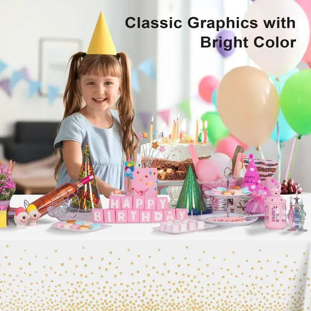 Alt view image 2 of 7 - 2 Pack White and Gold Dot Tablecloth, White Plastic Table Cloths for Parties Disposable, 54x108in Waterproof Rectangular Camping Tablecloth for Birthday Party Picnic Baby Shower