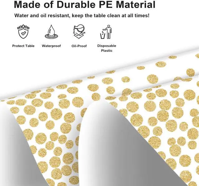 Alt view image 3 of 7 - 2 Pack White and Gold Dot Tablecloth, White Plastic Table Cloths for Parties Disposable, 54x108in Waterproof Rectangular Camping Tablecloth for Birthday Party Picnic Baby Shower