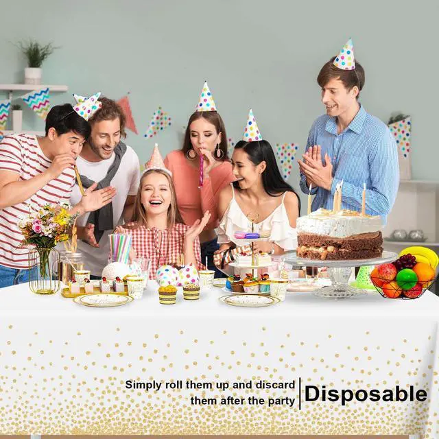 Alt view image 4 of 7 - 2 Pack White and Gold Dot Tablecloth, White Plastic Table Cloths for Parties Disposable, 54x108in Waterproof Rectangular Camping Tablecloth for Birthday Party Picnic Baby Shower