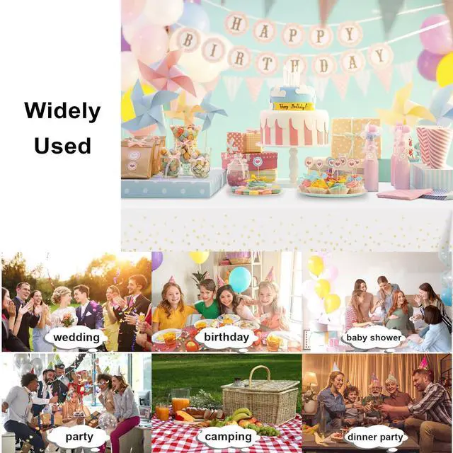 Alt view image 5 of 7 - 2 Pack White and Gold Dot Tablecloth, White Plastic Table Cloths for Parties Disposable, 54x108in Waterproof Rectangular Camping Tablecloth for Birthday Party Picnic Baby Shower