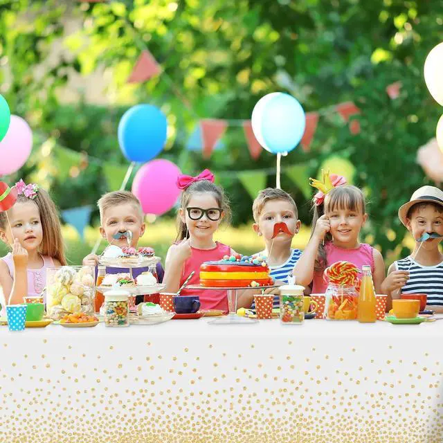 Alt view image 7 of 7 - 2 Pack White and Gold Dot Tablecloth, White Plastic Table Cloths for Parties Disposable, 54x108in Waterproof Rectangular Camping Tablecloth for Birthday Party Picnic Baby Shower