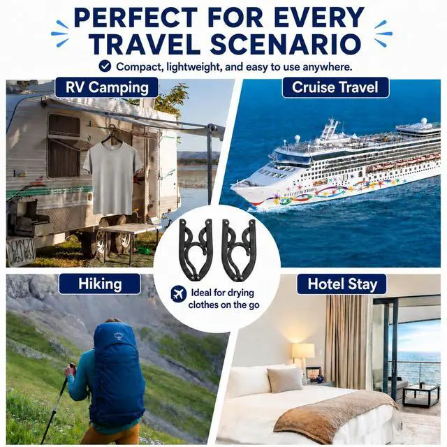 Alt view image 6 of 7 - 12 PCS Travel Hangers - Cruise Ship Essentials Portable Folding Clothes Hangers Travel Essentials Foldable Clothes Drying Rack for Travel (Black)