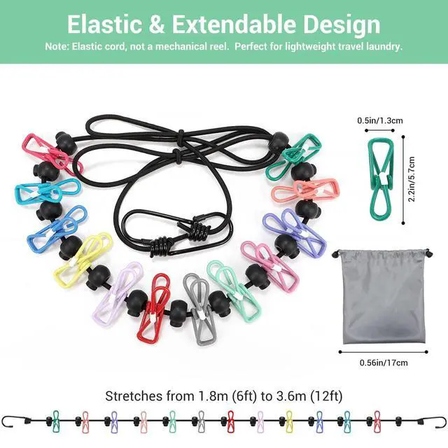 Alt view image 2 of 7 - Retractable Portable Travel Clothesline with 12 Clips, Indoor Outdoor Clothes Drying Rack for Hotel, Cruise, Camping Accessories