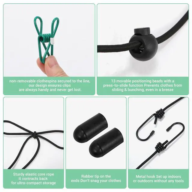 Alt view image 3 of 7 - Retractable Portable Travel Clothesline with 12 Clips, Indoor Outdoor Clothes Drying Rack for Hotel, Cruise, Camping Accessories