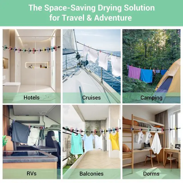Alt view image 5 of 7 - Retractable Portable Travel Clothesline with 12 Clips, Indoor Outdoor Clothes Drying Rack for Hotel, Cruise, Camping Accessories
