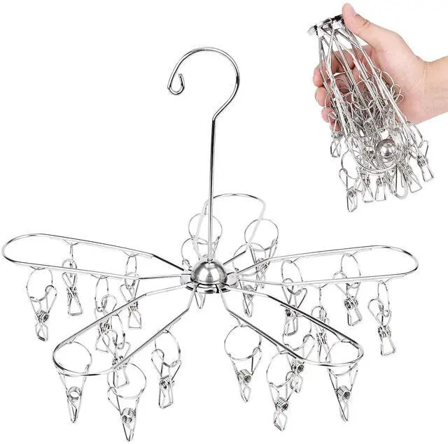 Main image of Foldable Clothes Drying Hanger Stainless Steel Underwear Drying Rack with 20 Clips, Laundry Sock Hangers for Hanging Bra, Lingerie, Hat, Scarf, Gloves, Diapers, Towels, Baby Clothes
