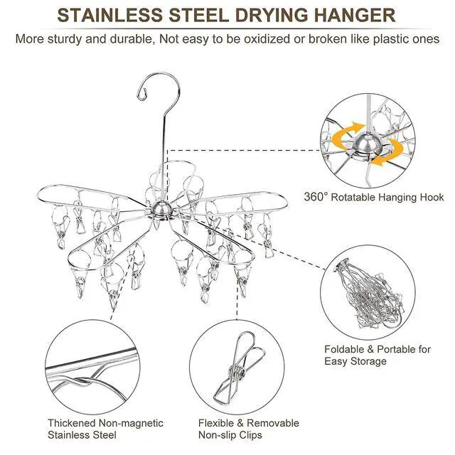 Alt view image 5 of 7 - Foldable Clothes Drying Hanger Stainless Steel Underwear Drying Rack with 20 Clips, Laundry Sock Hangers for Hanging Bra, Lingerie, Hat, Scarf, Gloves, Diapers, Towels, Baby Clothes