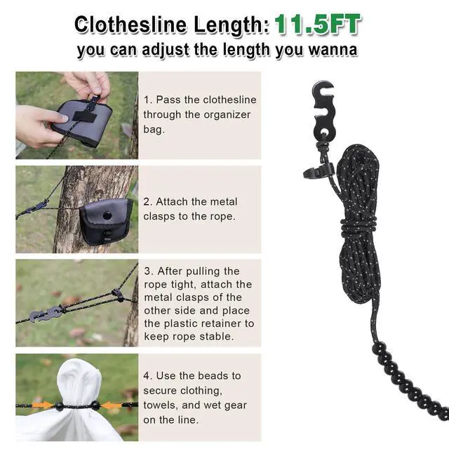 Alt view image 6 of 7 - Portable Travel Clothesline Lightweight Camping Clothes Line with 24 Beads for Indoor Hotels Backyard, Outdoor Cruise Ships, RVs, Tents, 11.5 Feet