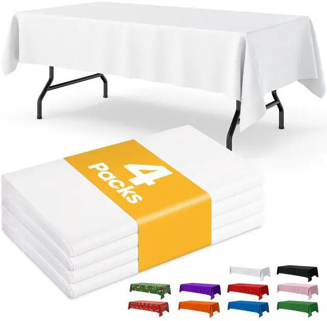 Main image of White Plastic Table Cloth - 4 Pack 54" × 108" Rectangle Disposable Tablecloths for 6FT Tables, Table Cover for Party, Holiday & Gathering Use
