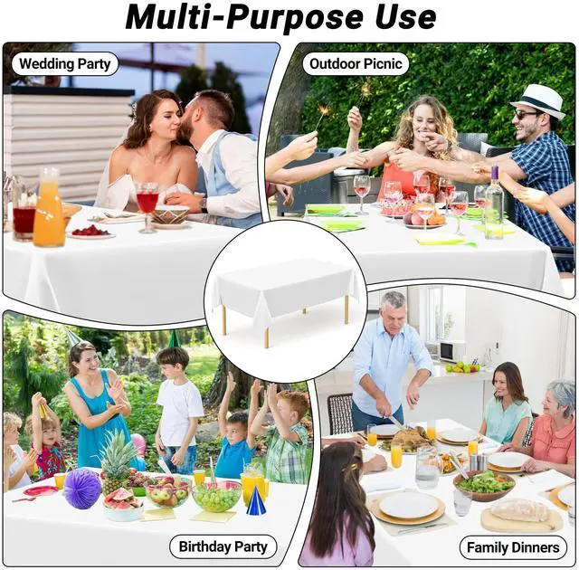Alt view image 6 of 7 - 4 Packs White Plastic Tablecloth, Large Sturdy Disposable Table Covers