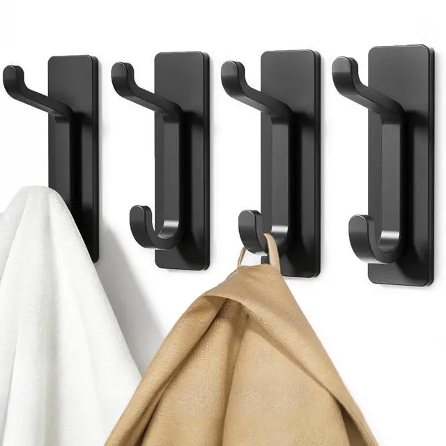 Main image of Wall Hooks for Coat and Towel: 13LB Strong Adhesive Door Hanger Stick on, Black 4 Pack