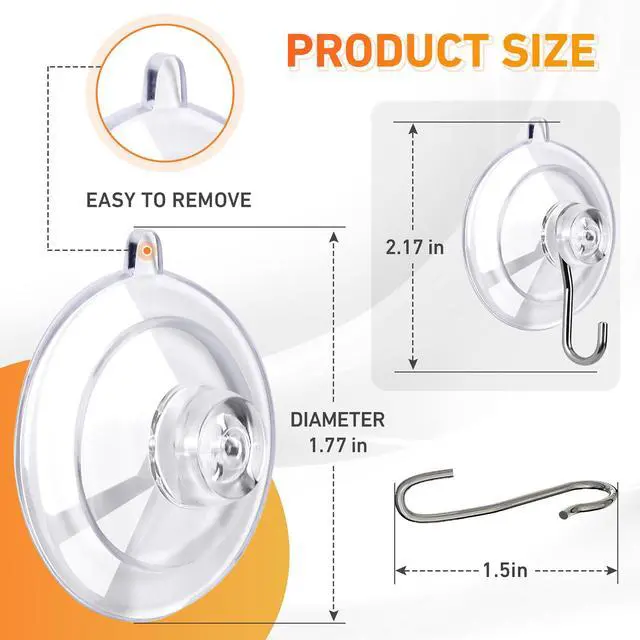 Alt view image 5 of 7 - Suction Cup Hooks 12Pack - Max Load 10LB, 1.77Inch Clear Medium Suction Cups, No Trace, Reusable & Removable, Stainless Steel Hooks, for Tile, Glass, Window, Shower, Kitchen, Bathroom