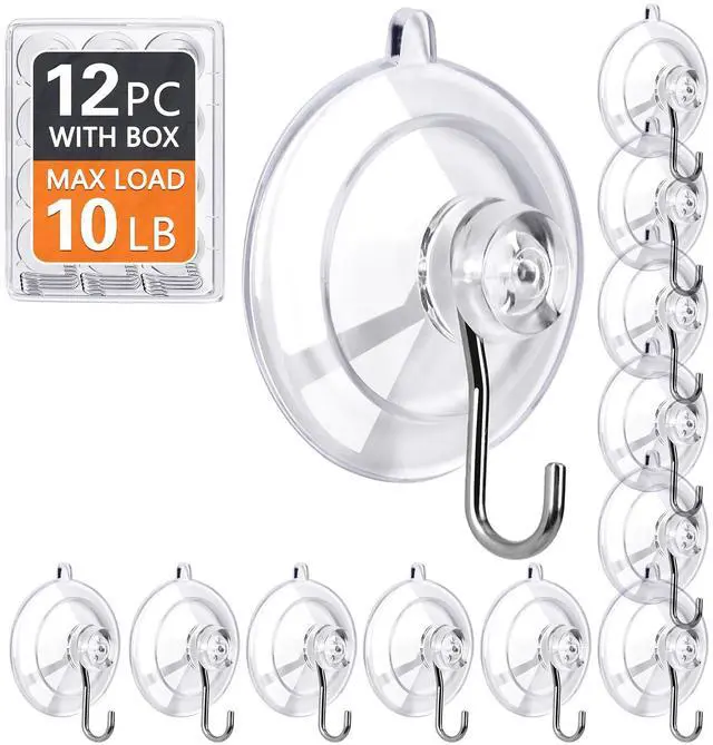 Main image of Suction Cup Hooks 12Pack - Max Load 10LB, 1.77Inch Clear Medium Suction Cups, No Trace, Reusable & Removable, Stainless Steel Hooks, for Tile, Glass, Window, Shower, Kitchen, Bathroom