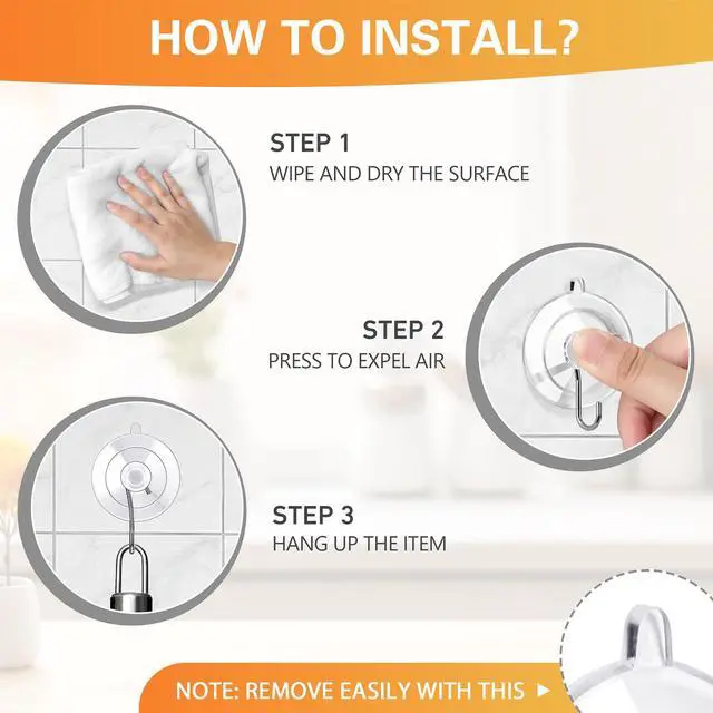 Alt view image 6 of 7 - Suction Cup Hooks 12Pack - Max Load 10LB, 1.77Inch Clear Medium Suction Cups, No Trace, Reusable & Removable, Stainless Steel Hooks, for Tile, Glass, Window, Shower, Kitchen, Bathroom