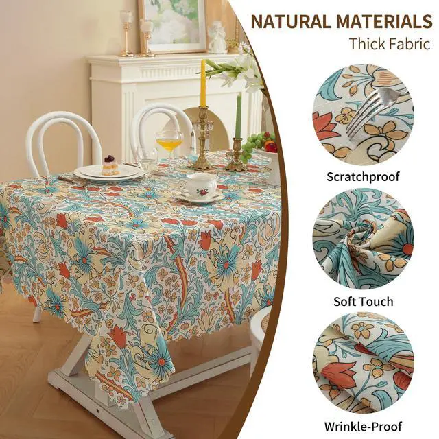 Alt view image 4 of 7 - Rectangle Waterproof Tablecloth Linen Textured Table Cloth,Stain and Wrinkle Resistant Washable Fabric Table Cover for Dining, Party, Camping and Outdoor, 52 x 70 Inch, Vine Bloom
