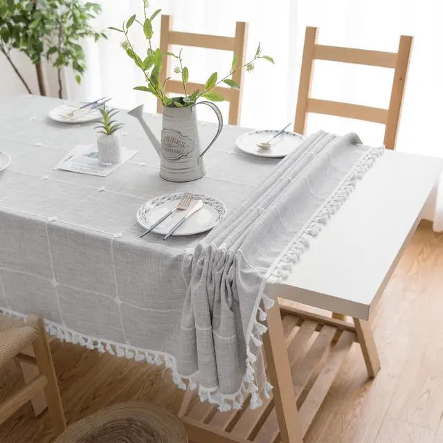 Alt view image 2 of 7 - Tablecloths for Rectangle Tables, Cotton Linen Waterproof Farmhouse Table Cloth with Boho Tassels Wrinkle Free, Wipeable & Washable for Kitchen & Dining, 55''x70'', 4-6 Seats, Grey
