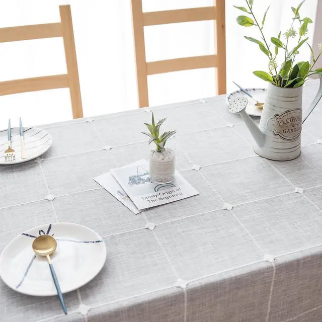 Alt view image 4 of 7 - Tablecloths for Rectangle Tables, Cotton Linen Waterproof Farmhouse Table Cloth with Boho Tassels Wrinkle Free, Wipeable & Washable for Kitchen & Dining, 55''x70'', 4-6 Seats, Grey