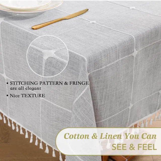 Alt view image 3 of 7 - Tablecloths for Rectangle Tables, Cotton Linen Waterproof Farmhouse Table Cloth with Boho Tassels Wrinkle Free, Wipeable & Washable for Kitchen & Dining, 55''x70'', 4-6 Seats, Grey