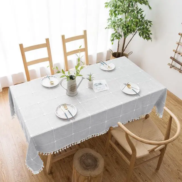 Alt view image 7 of 7 - Tablecloths for Rectangle Tables, Cotton Linen Waterproof Farmhouse Table Cloth with Boho Tassels Wrinkle Free, Wipeable & Washable for Kitchen & Dining, 55''x70'', 4-6 Seats, Grey