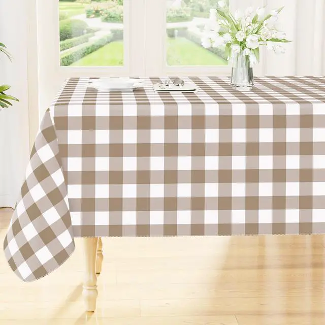 Main image of Rectangle Table Cloth, Waterproof Vinyl Tablecloths with Flannel Backing, Wipeable Buffalo Plaid Table Cover for Picnic, Indoor and Outdoor (Khaki & White, 60"x84")