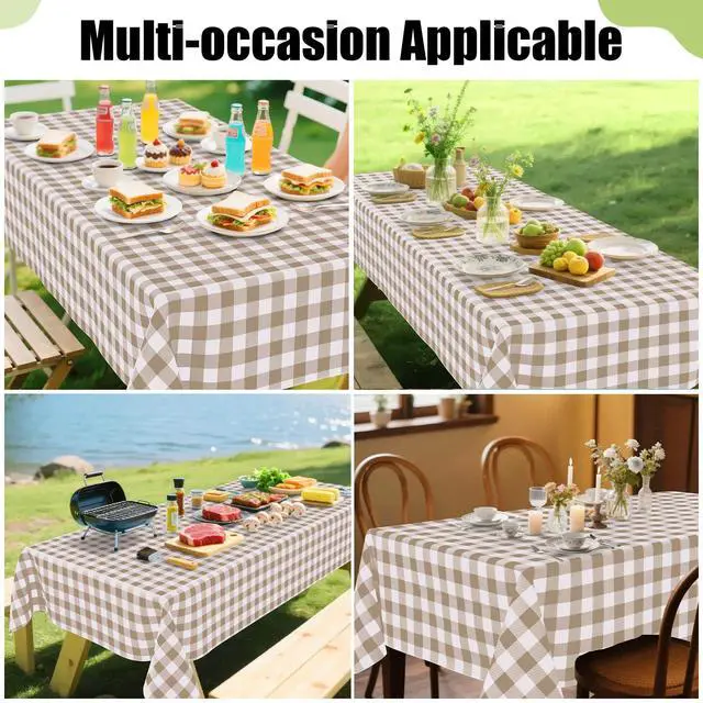 Alt view image 6 of 7 - Rectangle Table Cloth, Waterproof Vinyl Tablecloths with Flannel Backing, Wipeable Buffalo Plaid Table Cover for Picnic, Indoor and Outdoor (Khaki & White, 60"x84")