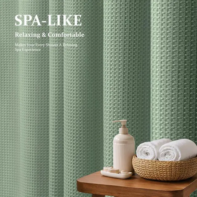 Alt view image 2 of 7 - Sage Green Shower Curtain - Waffle Textured Heavy Duty Thick Fabric Shower Curtains for Bathroom, 256GSM Luxury Weighted Polyester Cloth Bath Curtain Set with 12 Plastic Hooks72Wx72H,Green