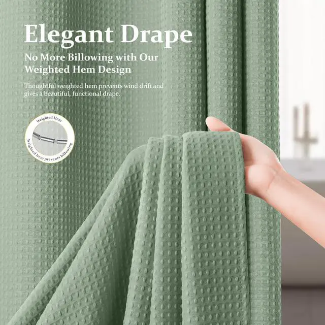 Alt view image 3 of 7 - Sage Green Shower Curtain - Waffle Textured Heavy Duty Thick Fabric Shower Curtains for Bathroom, 256GSM Luxury Weighted Polyester Cloth Bath Curtain Set with 12 Plastic Hooks72Wx72H,Green
