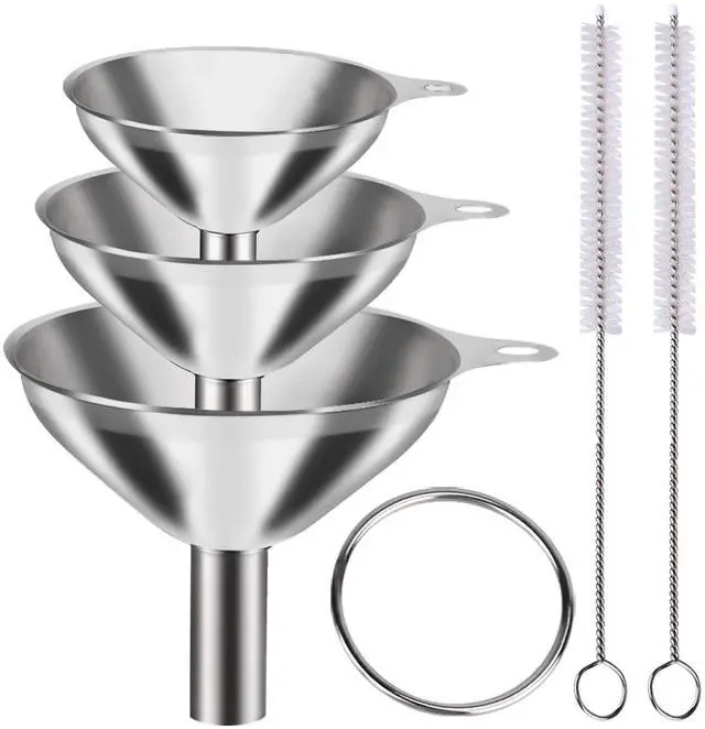 Main image of Metal Stainless Steel Funnel, Large Medium Small Funnel Set of 3, Food Grade Mini Funnels for Kitchen Use Filling Bottles Flask Cooking, 2 Brushes
