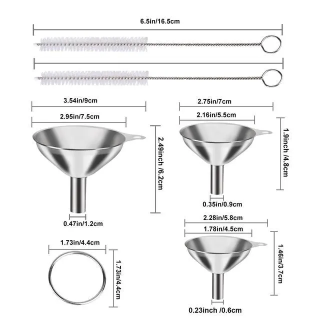 Alt view image 2 of 7 - Metal Stainless Steel Funnel, Large Medium Small Funnel Set of 3, Food Grade Mini Funnels for Kitchen Use Filling Bottles Flask Cooking, 2 Brushes