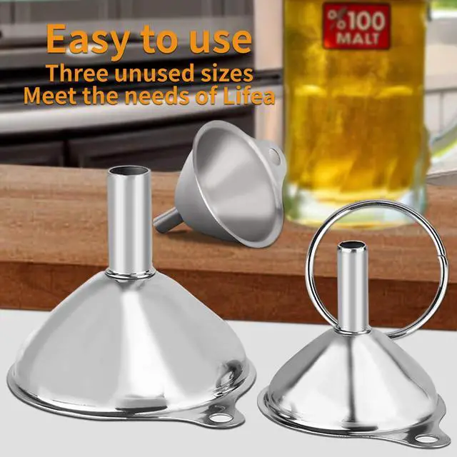 Alt view image 5 of 7 - Metal Stainless Steel Funnel, Large Medium Small Funnel Set of 3, Food Grade Mini Funnels for Kitchen Use Filling Bottles Flask Cooking, 2 Brushes