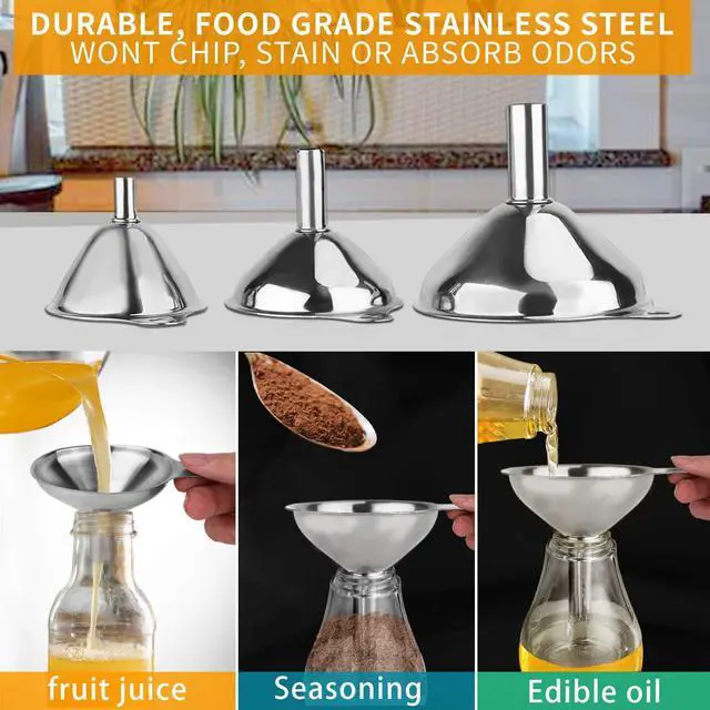 Alt view image 6 of 7 - Metal Stainless Steel Funnel, Large Medium Small Funnel Set of 3, Food Grade Mini Funnels for Kitchen Use Filling Bottles Flask Cooking, 2 Brushes