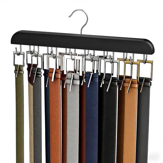 Main image of Belt Hanger for Closet Max 42 Belts, Sturdy Wood Belt Rack Closet Accessories with 14 Hooks Belt Organizer for Closet Organizers and Storage -Black 1 Pack