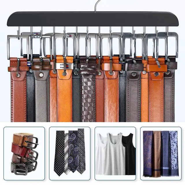 Alt view image 2 of 7 - Belt Hanger for Closet Max 42 Belts, Sturdy Wood Belt Rack Closet Accessories with 14 Hooks Belt Organizer for Closet Organizers and Storage -Black 1 Pack