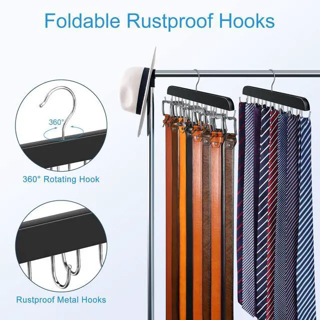 Alt view image 4 of 7 - Belt Hanger for Closet Max 42 Belts, Sturdy Wood Belt Rack Closet Accessories with 14 Hooks Belt Organizer for Closet Organizers and Storage -Black 1 Pack