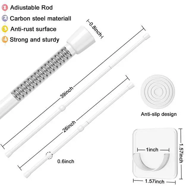 Alt view image 3 of 7 - 2pcs Spring Tension Rods Adjustable 26 to 39 inch Small Tension Curtain Rod No Drilling Expandable Spring Loaded Curtain Rod,Suitable for Doors and Windows 28 to 36 inch, White