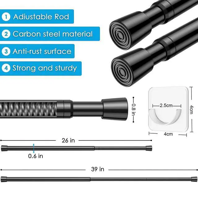 Alt view image 2 of 6 - 1Pack Spring Tension Curtain Rod 26-39 inch Black Adjustable Spring Rod Extendable Tension Rod For Kitchen, Bathroom, Window, Bookshelf, Closet